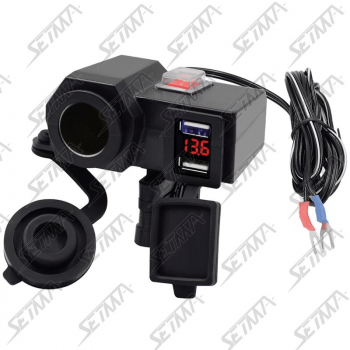 CHARGEUR ALLUME-CIGARE POUR MOTO - 2 USB 4.2A AVEC VOLTMETRE A LED - INTERRUPTEUR ETANCHE