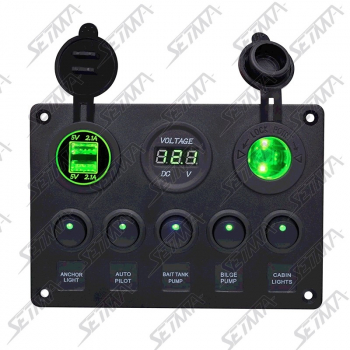 BOITIER DE COMMUTATION - 5 INTERRUPTEURS / 2 USB / 1 ALLUME-CIGARE / 1 VOLTMETRE - 150 X 105 MM