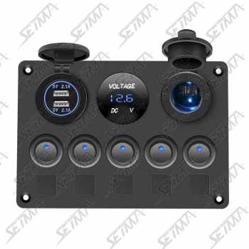 BOITIER DE COMMUTATION - 5 INTERRUPTEURS / 2 USB / 1 ALLUME-CIGARE / 1 VOLTMETRE - 148 X 103 x 75 MM