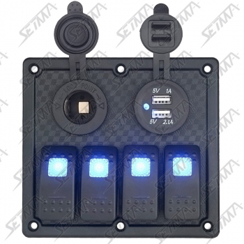 BOITIER DE COMMUTATION - 4 INTERRUPTEURS / 2 USB / 1 ALLUME CIGARE - 130 X 119 X 85 MM