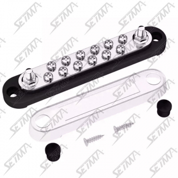 BARRE DE DISTRIBUTION NOIRE 12 VOIES - M4 - AVEC CAPOT PROTECTION - 12/48V - 150AMAX