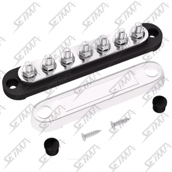 BARRE DE DISTRIBUTION NOIRE 7 VOIES - M6 - AVEC CAPOT PROTECTION - 12/48V - 150AMAX
