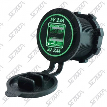 DOUBLE CHARGEUR ALLUME-CIGARE 5V - 2 ENTREES USB 2.1A - ECLAIRAGE VERT